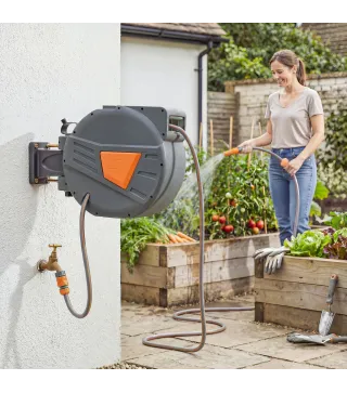 Carrete de Manguera Retráctil 30+2 m con Boquilla de 2 Modos Bloqueo Automático y Retracción Controlada Soporte Naranja