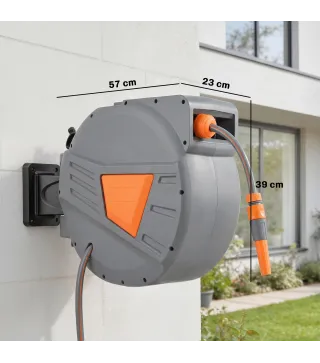 Carrete de Manguera Retráctil 30+2 m con Boquilla de 2 Modos Bloqueo Automático y Retracción Controlada Soporte Naranja