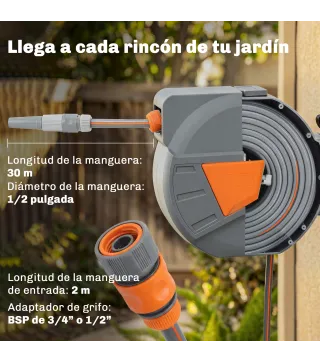 Carrete de Manguera Retráctil 30+2 m con Boquilla de 2 Modos Bloqueo Automático y Retracción Controlada Soporte Naranja