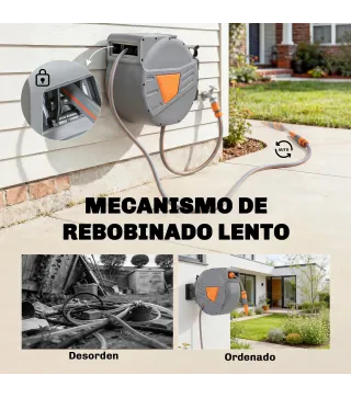 Carrete de Manguera Retráctil 30+2 m con Boquilla de 2 Modos Bloqueo Automático y Retracción Controlada Soporte Naranja