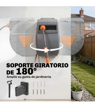 Carrete de Manguera Retráctil 30+2 m con Boquilla de 2 Modos Bloqueo Automático y Retracción Controlada Soporte Naranja