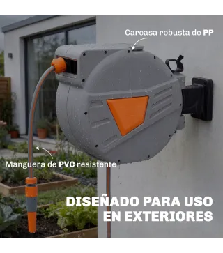 Carrete de Manguera Retráctil 30+2 m con Boquilla de 2 Modos Bloqueo Automático y Retracción Controlada Soporte Naranja