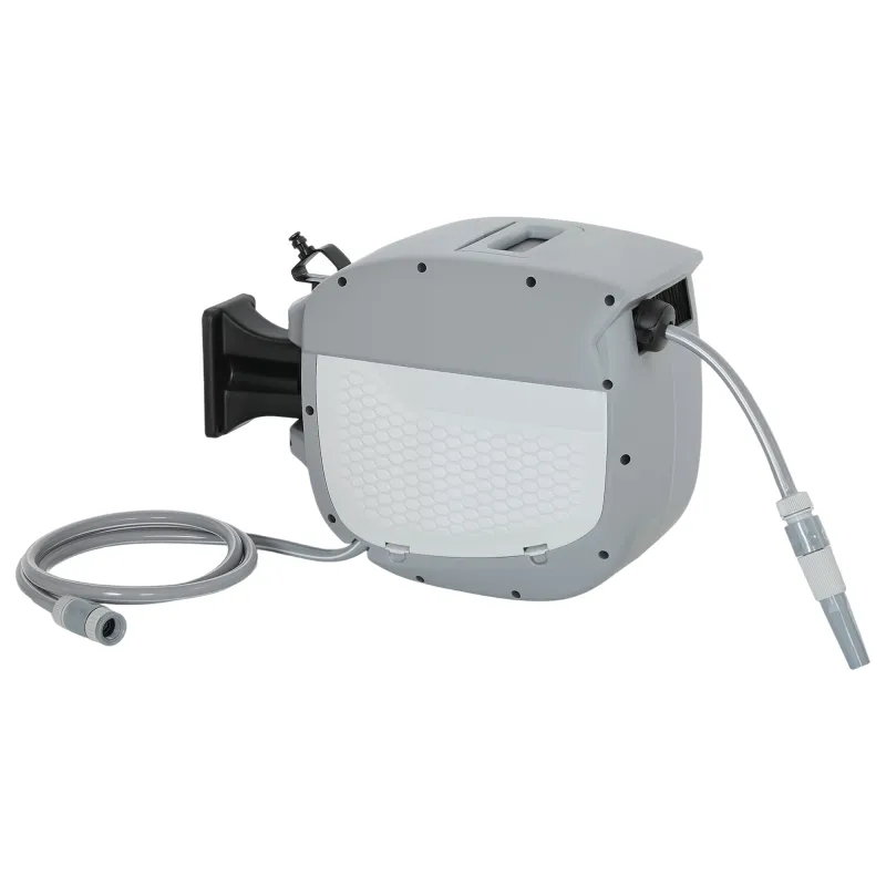 Carrete de Manguera Retráctil 20+1,9 m con Boquilla de 2 Modos Bloqueo Automático y Retracción Controlada Soporte Gris