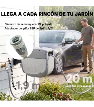 Carrete de Manguera Retráctil 20+1,9 m con Boquilla de 2 Modos Bloqueo Automático y Retracción Controlada Soporte Gris