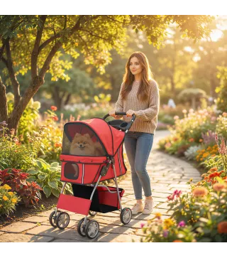 Carrito para Perros Pequeños con Cesta de Almacenaje Portavasos Ruedas y Cojín Lavable 77x44x102 cm Rojo