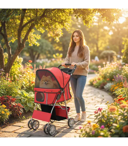 Carrito para Perros Pequeños con Cesta de Almacenaje Portavasos Ruedas y Cojín Lavable 77x44x102 cm Rojo
