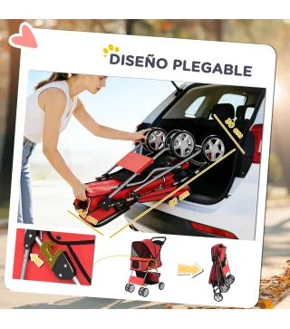 Carrito para Perros Pequeños con Cesta de Almacenaje Portavasos Ruedas y Cojín Lavable 77x44x102 cm Rojo