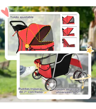 Carrito para Perros Pequeños con Cesta de Almacenaje Portavasos Ruedas y Cojín Lavable 77x44x102 cm Rojo