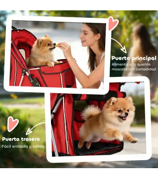 Carrito para Perros Pequeños con Cesta de Almacenaje Portavasos Ruedas y Cojín Lavable 77x44x102 cm Rojo