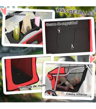 Carrito para Perros Pequeños con Cesta de Almacenaje Portavasos Ruedas y Cojín Lavable 77x44x102 cm Rojo