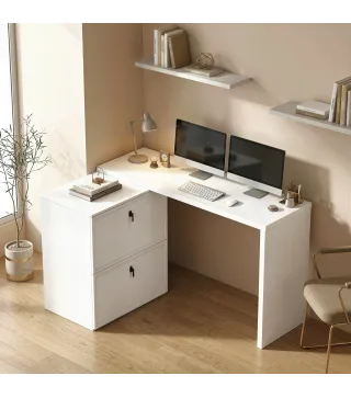 Escritorio Reversible en Forma de L con 2 Cajones Archivadores Diseño Moderno para Espacios Pequeños Oficina Blanco