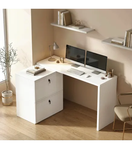 Escritorio Reversible en Forma de L con 2 Cajones Archivadores Diseño Moderno para Espacios Pequeños Oficina Blanco