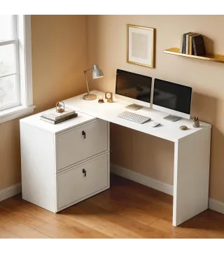 Escritorio Reversible en Forma de L con 2 Cajones Archivadores Diseño Moderno para Espacios Pequeños Oficina Blanco