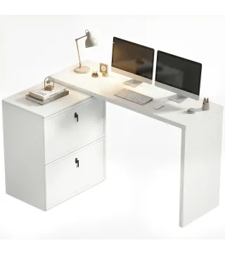 Escritorio Reversible en Forma de L con 2 Cajones Archivadores Diseño Moderno para Espacios Pequeños Oficina Blanco