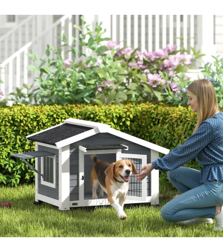Caseta para Perros Exterior de Madera Casa para Perros Medianos con Techo Asfático Suelo Extraíble 98x76x69,5 cm Gris