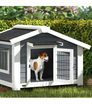 Caseta para Perros Exterior de Madera Casa para Perros Medianos con Techo Asfático Suelo Extraíble 98x76x69,5 cm Gris