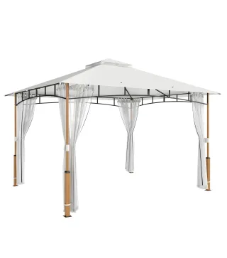 Carpa para Jardín con Techo Doble Cenador con Paredes de Malla UPF50+ para Exterior Terraza 360x300x275 cm Crema y Teca