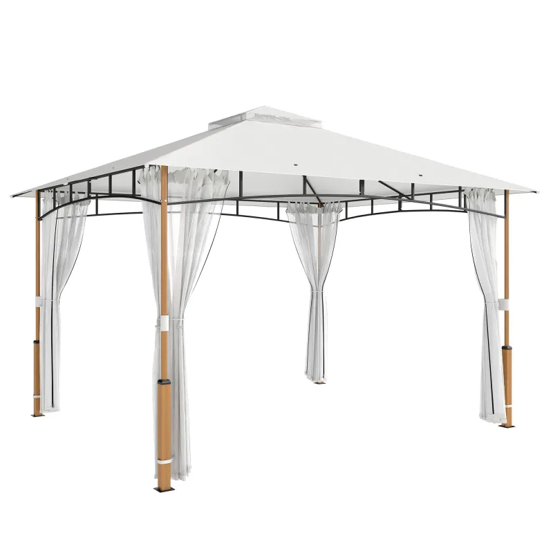 Carpa para Jardín con Techo Doble Cenador con Paredes de Malla UPF50+ para Exterior Terraza 360x300x275 cm Crema y Teca
