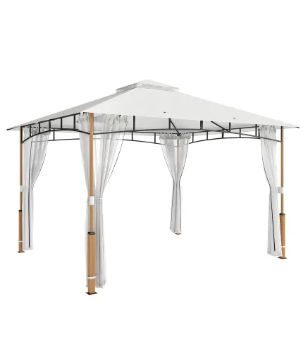 Carpa para Jardín con Techo Doble Cenador con Paredes de Malla UPF50+ para Exterior Terraza 360x300x275 cm Crema y Teca