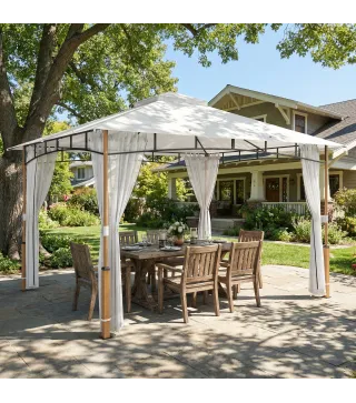 Carpa para Jardín con Techo Doble Cenador con Paredes de Malla UPF50+ para Exterior Terraza 360x300x275 cm Crema y Teca