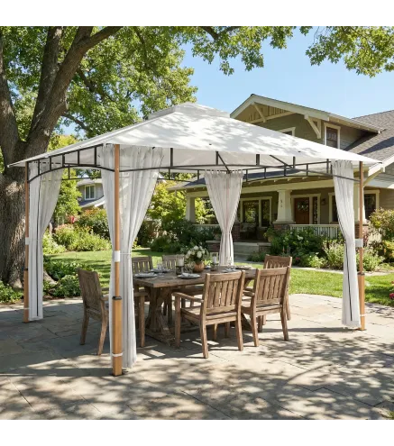 Carpa para Jardín con Techo Doble Cenador con Paredes de Malla UPF50+ para Exterior Terraza 360x300x275 cm Crema y Teca