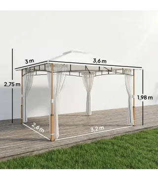 Carpa para Jardín con Techo Doble Cenador con Paredes de Malla UPF50+ para Exterior Terraza 360x300x275 cm Crema y Teca