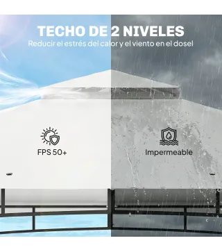 Carpa para Jardín con Techo Doble Cenador con Paredes de Malla UPF50+ para Exterior Terraza 360x300x275 cm Crema y Teca