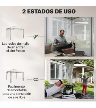 Carpa para Jardín con Techo Doble Cenador con Paredes de Malla UPF50+ para Exterior Terraza 360x300x275 cm Crema y Teca