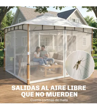 Carpa para Jardín con Techo Doble Cenador con Paredes de Malla UPF50+ para Exterior Terraza 360x300x275 cm Crema y Teca