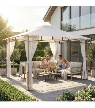 Carpa para Jardín con Techo Doble Cenador con Paredes de Malla UPF50+ para Exterior Terraza 360x300x275 cm Crema y Teca