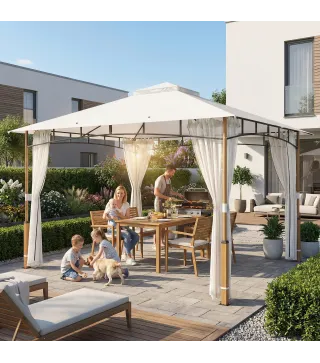 Carpa para Jardín con Techo Doble Cenador con Paredes de Malla UPF50+ para Exterior Terraza 360x300x275 cm Crema y Teca