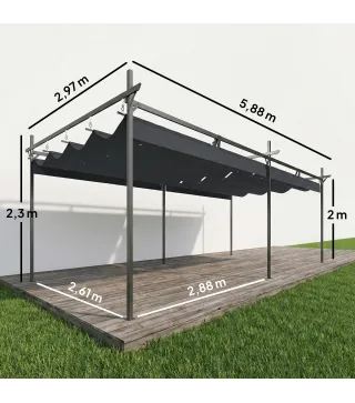 Pérgola de Jardín 6x3 m Gazebo con Techo Retráctil de Poliéster Resistente a los Rayos UV Gris Oscuro