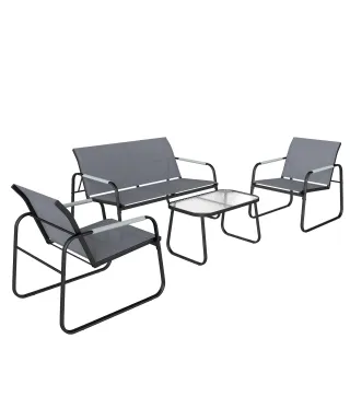 Conjunto de Jardín Exterior con 1 Sofá de 2 Plazas 2 Sillones y Mesa de Vidrio Templado Textilene Transpirable Gris