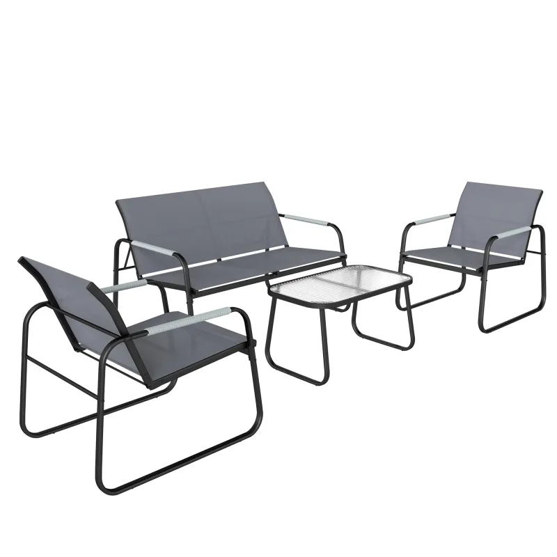 Conjunto de Jardín Exterior con 1 Sofá de 2 Plazas 2 Sillones y Mesa de Vidrio Templado Textilene Transpirable Gris