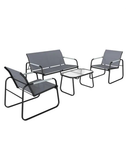 Conjunto de Jardín Exterior con 1 Sofá de 2 Plazas 2 Sillones y Mesa de Vidrio Templado Textilene Transpirable Gris