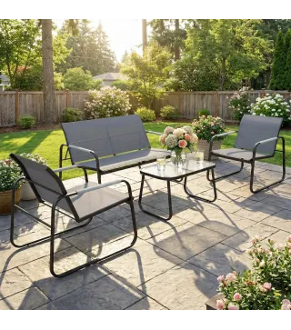 Conjunto de Jardín Exterior con 1 Sofá de 2 Plazas 2 Sillones y Mesa de Vidrio Templado Textilene Transpirable Gris