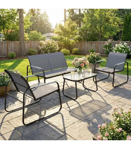 Conjunto de Jardín Exterior con 1 Sofá de 2 Plazas 2 Sillones y Mesa de Vidrio Templado Textilene Transpirable Gris