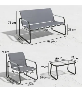 Conjunto de Jardín Exterior con 1 Sofá de 2 Plazas 2 Sillones y Mesa de Vidrio Templado Textilene Transpirable Gris