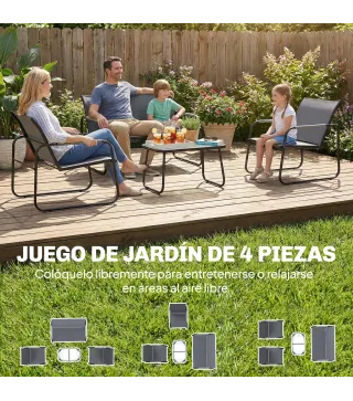Conjunto de Jardín Exterior con 1 Sofá de 2 Plazas 2 Sillones y Mesa de Vidrio Templado Textilene Transpirable Gris