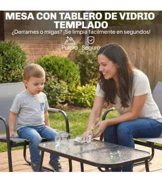 Conjunto de Jardín Exterior con 1 Sofá de 2 Plazas 2 Sillones y Mesa de Vidrio Templado Textilene Transpirable Gris
