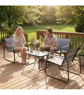 Conjunto de Jardín Exterior con 1 Sofá de 2 Plazas 2 Sillones y Mesa de Vidrio Templado Textilene Transpirable Gris