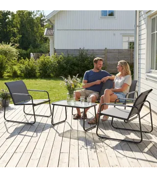 Conjunto de Jardín Exterior con 1 Sofá de 2 Plazas 2 Sillones y Mesa de Vidrio Templado Textilene Transpirable Gris