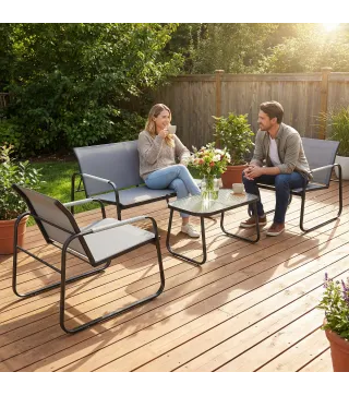 Conjunto de Jardín Exterior con 1 Sofá de 2 Plazas 2 Sillones y Mesa de Vidrio Templado Textilene Transpirable Gris