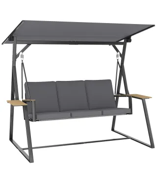 Columpio de Jardín Exterior de 3 Plazas con Techo Ajustable 2 Bandejas Cojines y Marco de Metal Carga 360 kg Gris