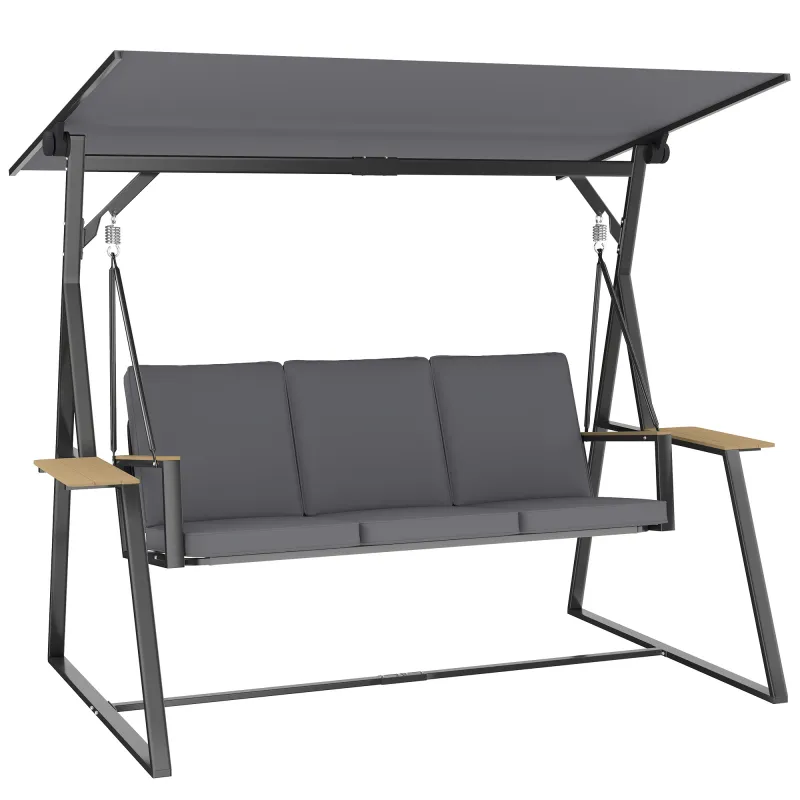 Columpio de Jardín Exterior de 3 Plazas con Techo Ajustable 2 Bandejas Cojines y Marco de Metal Carga 360 kg Gris