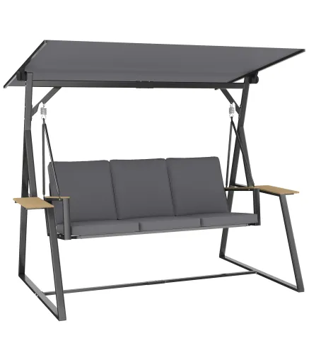 Columpio de Jardín Exterior de 3 Plazas con Techo Ajustable 2 Bandejas Cojines y Marco de Metal Carga 360 kg Gris