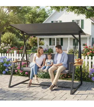 Columpio de Jardín Exterior de 3 Plazas con Techo Ajustable 2 Bandejas Cojines y Marco de Metal Carga 360 kg Gris