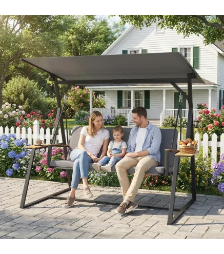 Columpio de Jardín Exterior de 3 Plazas con Techo Ajustable 2 Bandejas Cojines y Marco de Metal Carga 360 kg Gris