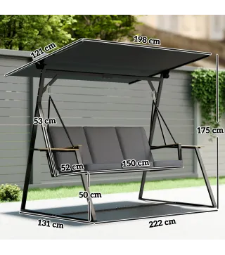 Columpio de Jardín Exterior de 3 Plazas con Techo Ajustable 2 Bandejas Cojines y Marco de Metal Carga 360 kg Gris