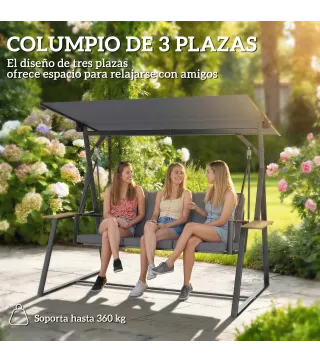 Columpio de Jardín Exterior de 3 Plazas con Techo Ajustable 2 Bandejas Cojines y Marco de Metal Carga 360 kg Gris